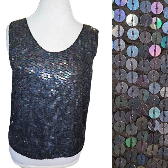80s Womens Small Black Mermaid Sequins Tank Evening Blouse Silk Cocktail NWT - Picture 1 of 12